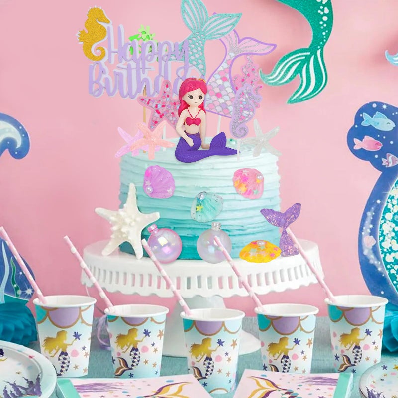 Lukinuo Mermaid Cake Toppers for Girl 30pcs Little Mermaid Figurine Under The Sea Ocean Cake Decor Seaweed Bubble Starfish Shell Mermaids Tail Cupcake Picks for Mermaids Princess Birthday Baby Shower - Image 5