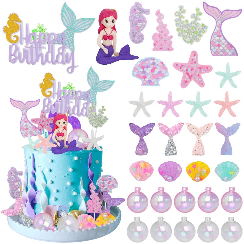 Lukinuo Mermaid Cake Toppers for Girl 30pcs Little Mermaid Figurine Under The Sea Ocean Cake Decor Seaweed Bubble Starfish Shell Mermaids Tail Cupcake Picks for Mermaids Princess Birthday Baby Shower - Image 1