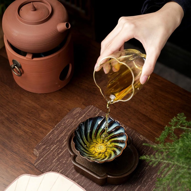 CmengAo Chinese Kung Fu Tea Cups Set of 2 Unique Spiral Shaped Design Handmade Jianzhan Tenmoku Ceramic Tea Cup with Lotus Inlaid 4 oz Small Cha Wan Bowl for Tea Ceremony Tea Tasting Collection  - Image 5