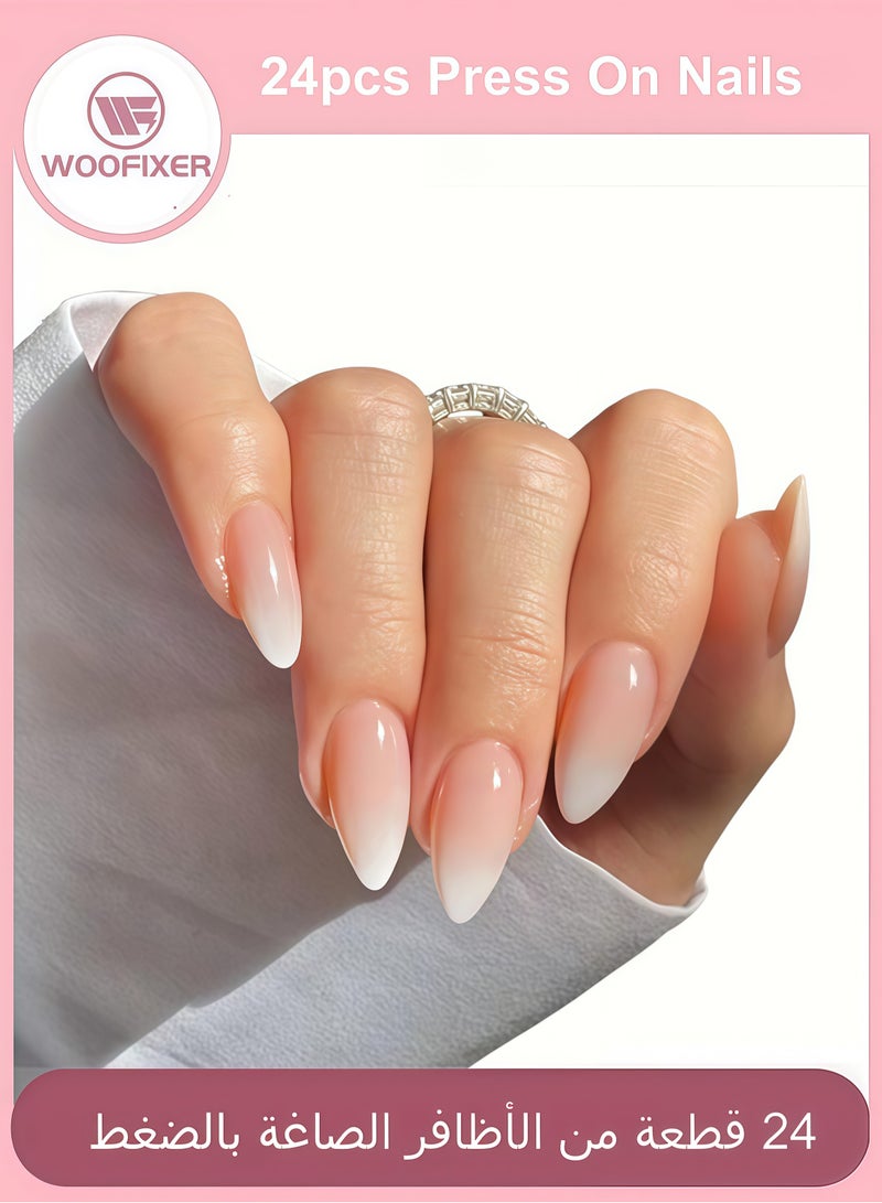 ووفيكسر 24 قطعة من أظافر صناعية بسيطة بيضاء اللون، قصيرة بلون البيج، مع مجموعة غراء جل - Image 1
