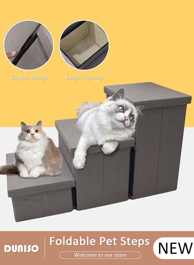 DUNISO خطوات قابلة للطي للحيوانات الأليفة 3 خطوات، سلالم كلاب ناعمة من الفلانيل 2 في 1 مع تخزين، خطوات قطط غير قابلة للانزلاق مع إسفنجة عالية المرونة وقابلة للتنفس لتسلق الجراء والقطط السرير العالي والأريكة - Image 1