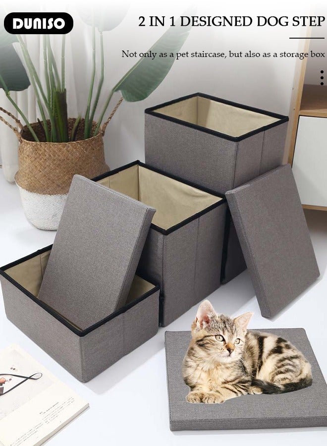 DUNISO خطوات قابلة للطي للحيوانات الأليفة 3 خطوات، سلالم كلاب ناعمة من الفلانيل 2 في 1 مع تخزين، خطوات قطط غير قابلة للانزلاق مع إسفنجة عالية المرونة وقابلة للتنفس لتسلق الجراء والقطط السرير العالي والأريكة - Image 2
