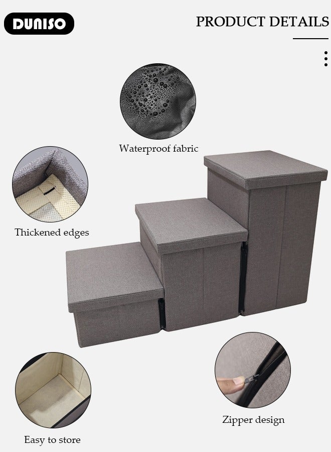 DUNISO خطوات قابلة للطي للحيوانات الأليفة 3 خطوات، سلالم كلاب ناعمة من الفلانيل 2 في 1 مع تخزين، خطوات قطط غير قابلة للانزلاق مع إسفنجة عالية المرونة وقابلة للتنفس لتسلق الجراء والقطط السرير العالي والأريكة - Image 5