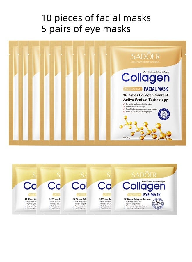 SADOER 10 Pcs Collagen Anti Aging Facial Mask Collagen Essential Face Mask,Hydrating Face Masks, Instant Lifting & Firming Firming Anti Aging Face Sheet Masks, Moisturizing Face Masks Skincare for All Skin   ;5 pairs of collagen anti-wrinkle multi-effect firming eye masks moisturize the eyes - Image 1