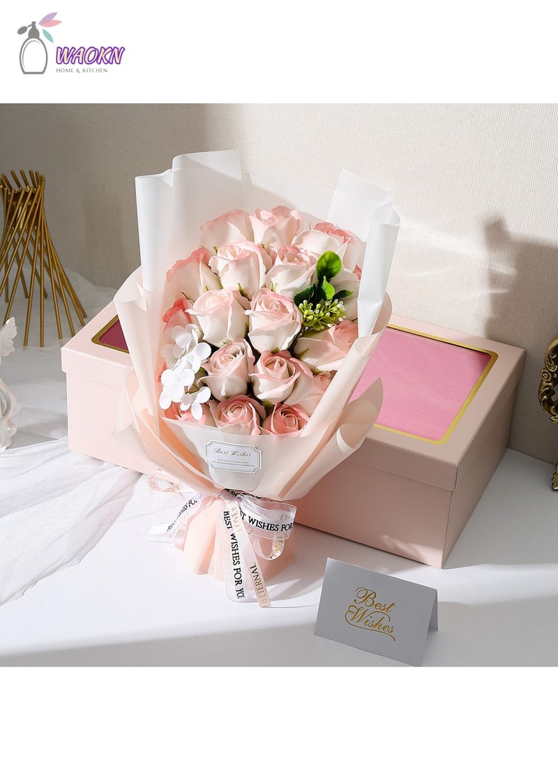 WAOKN 18-Piece Roses And Hydrangea Bouquets Forever Flowers Decor Artificial Flower Bouquet High-Value Soap Flower Gift Box Long-Lasting Real Roses Forever Bouquet Gifts for Women Gradient Pink And White 