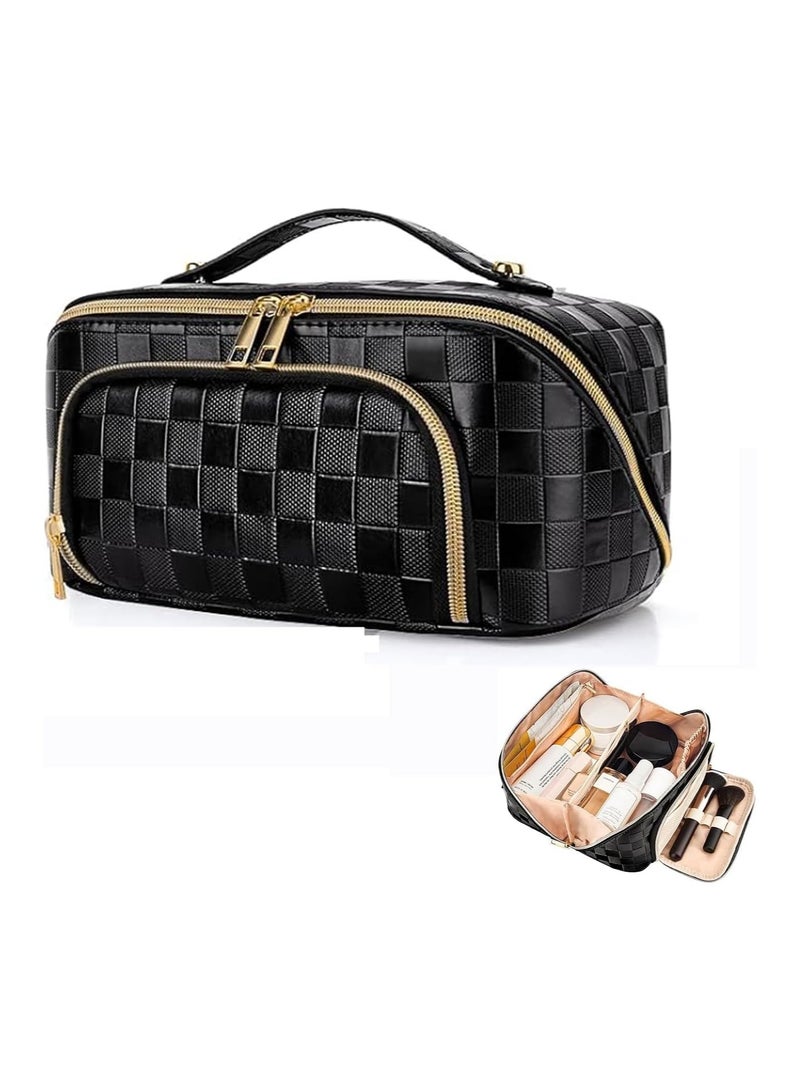 عام “حقيبة جمال سفر، حقيبة جمال سعة كبيرة، حقيبة جمال من الجلد الاصطناعي المقاوم للماء بنقش الكتان، حقيبة جمال محمولة مفتوحة بشكل مسطح، مرتب للمكياج مع فاصل ومقبض.” - Image 1