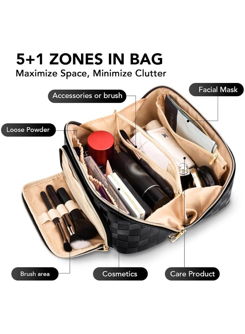 عام “حقيبة جمال سفر، حقيبة جمال سعة كبيرة، حقيبة جمال من الجلد الاصطناعي المقاوم للماء بنقش الكتان، حقيبة جمال محمولة مفتوحة بشكل مسطح، مرتب للمكياج مع فاصل ومقبض.” - Image 2