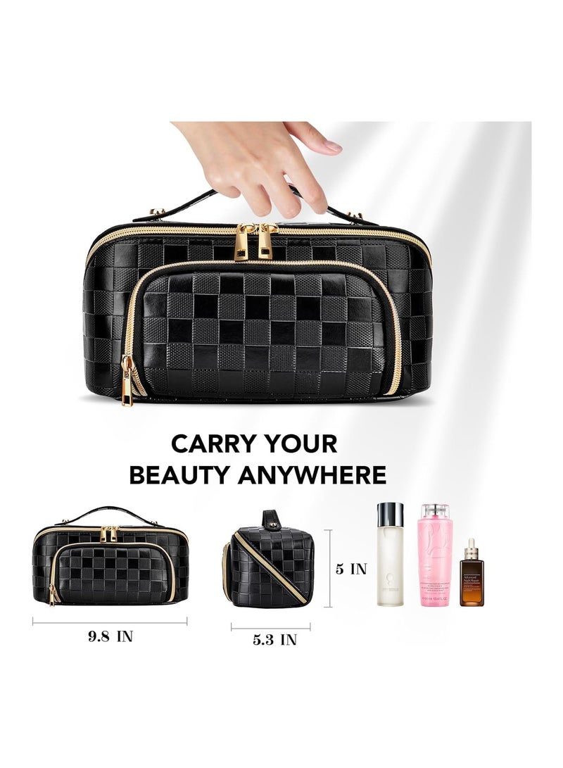 عام “حقيبة جمال سفر، حقيبة جمال سعة كبيرة، حقيبة جمال من الجلد الاصطناعي المقاوم للماء بنقش الكتان، حقيبة جمال محمولة مفتوحة بشكل مسطح، مرتب للمكياج مع فاصل ومقبض.” - Image 5