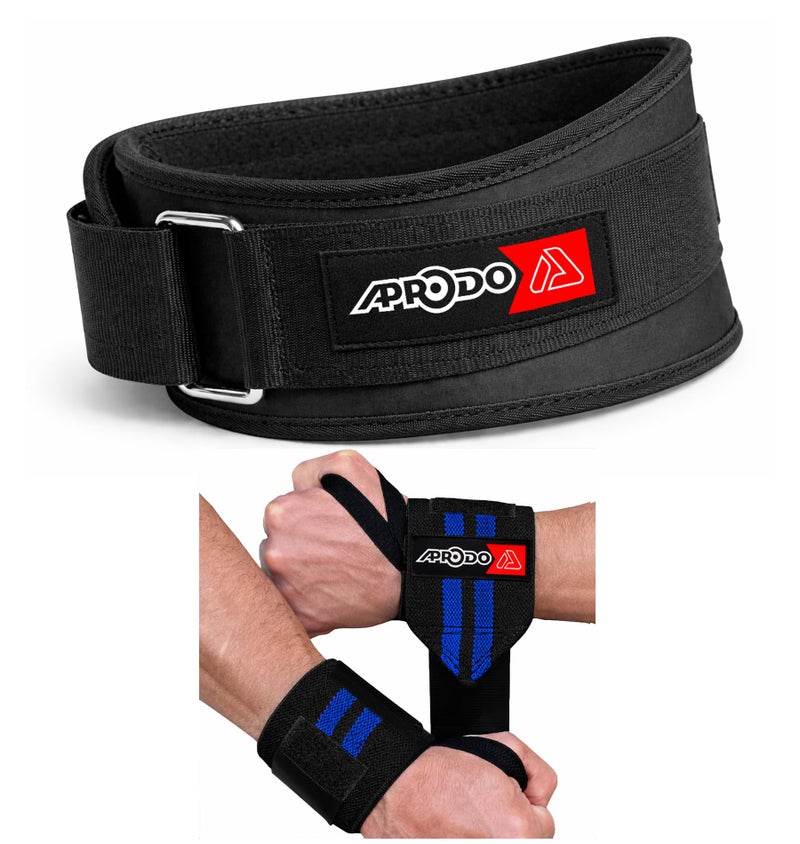 APRODO Fitness Combo Weight Lifting Belt Back Support 4.5 Inch Wide with Extra Premium Wrist Support 1 Pair for Men and Women (BLACK BLUE COMBO, Large 36'' - 40'') - Image 1