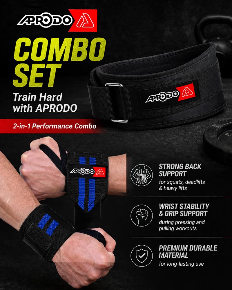 APRODO Fitness Combo Weight Lifting Belt Back Support 4.5 Inch Wide with Extra Premium Wrist Support 1 Pair for Men and Women (BLACK BLUE COMBO, Large 36'' - 40'') - Image 2