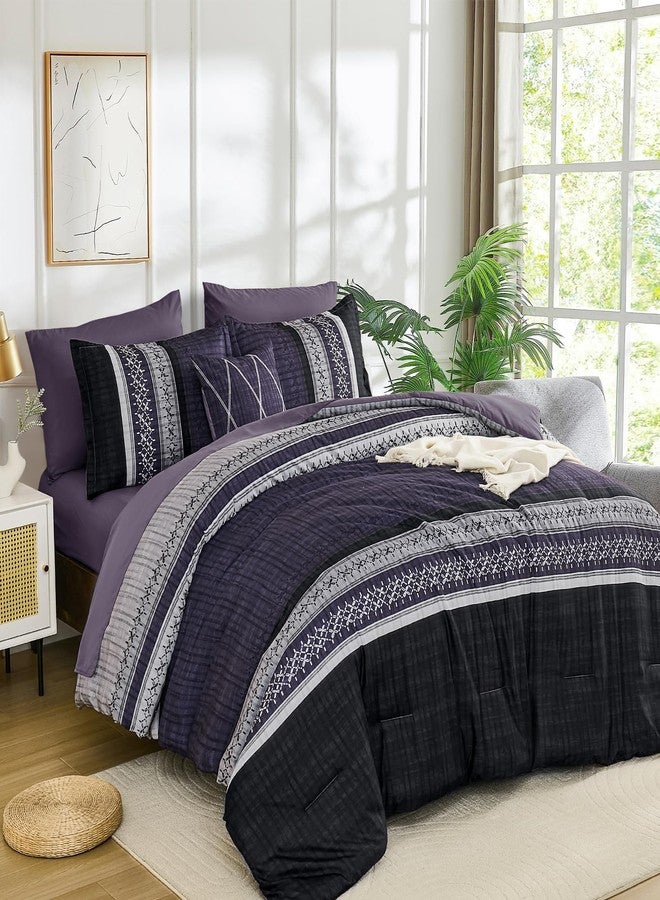 Dintszyayue Purple Comforter Set Queen Size, 8 Pieces Boho Striped Bed in a Bag Soft Microfiber Bedding Set for All Season - Image 1
