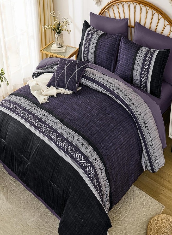 Dintszyayue Purple Comforter Set Queen Size, 8 Pieces Boho Striped Bed in a Bag Soft Microfiber Bedding Set for All Season - Image 3