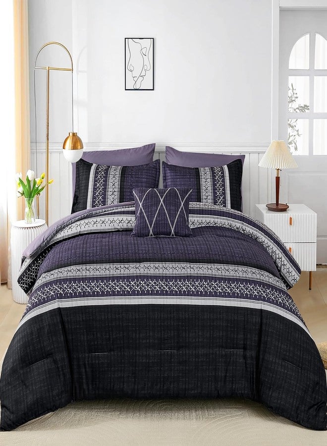 Dintszyayue Purple Comforter Set Queen Size, 8 Pieces Boho Striped Bed in a Bag Soft Microfiber Bedding Set for All Season - Image 2