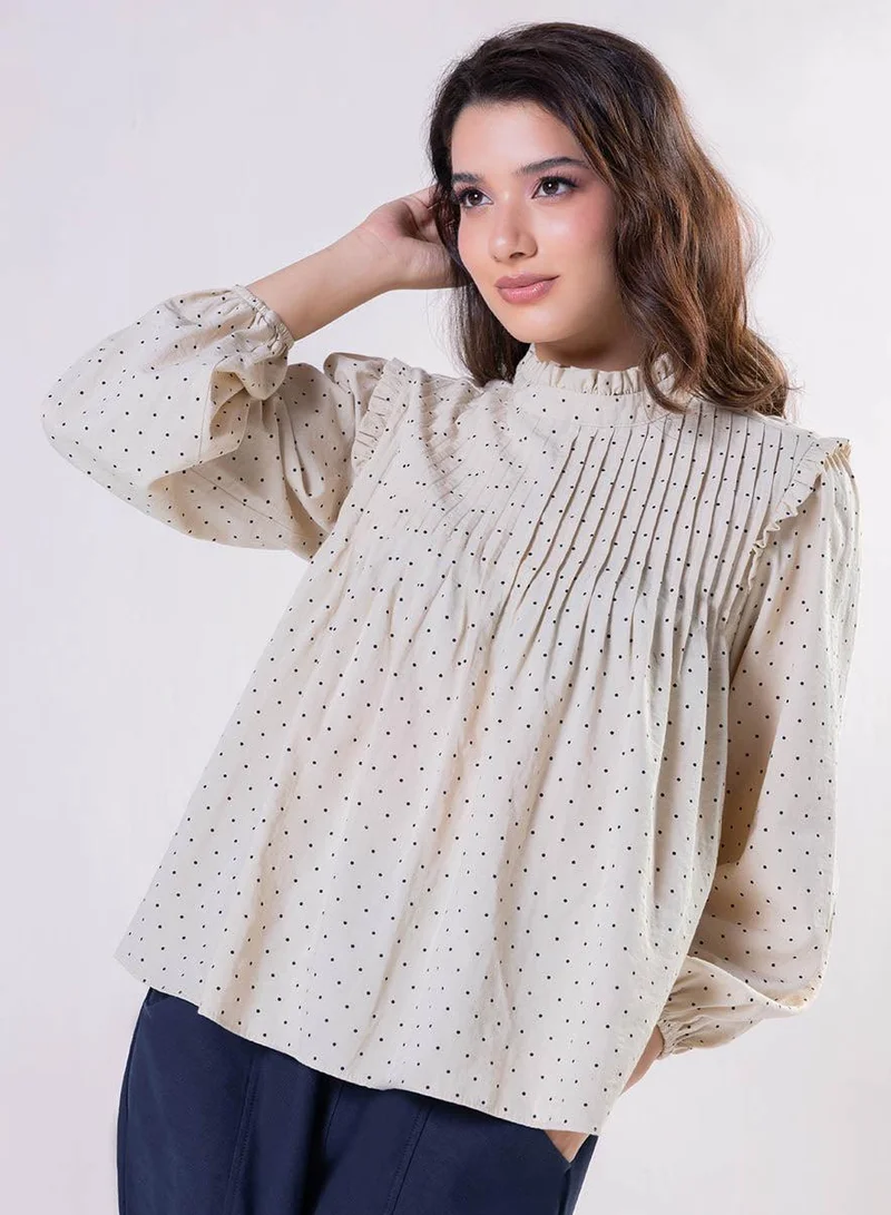 Zigzag Pintuck Detailed Polka Dot Printed Top
