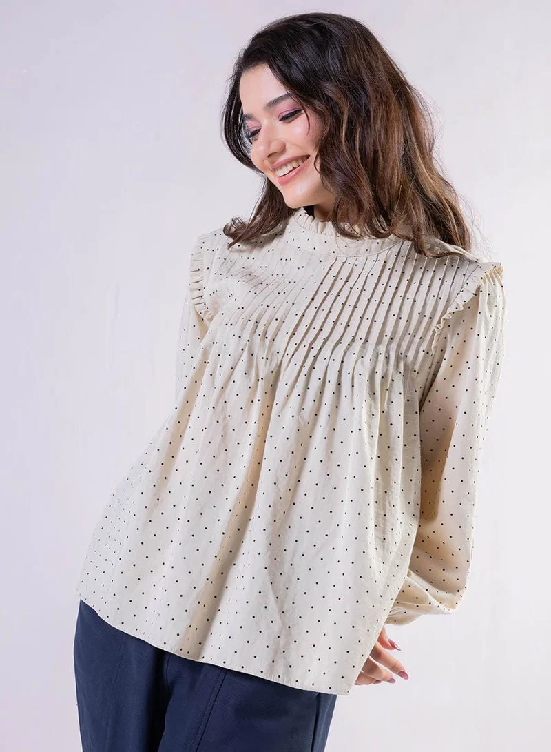 Zigzag Pintuck Detailed Polka Dot Printed Top