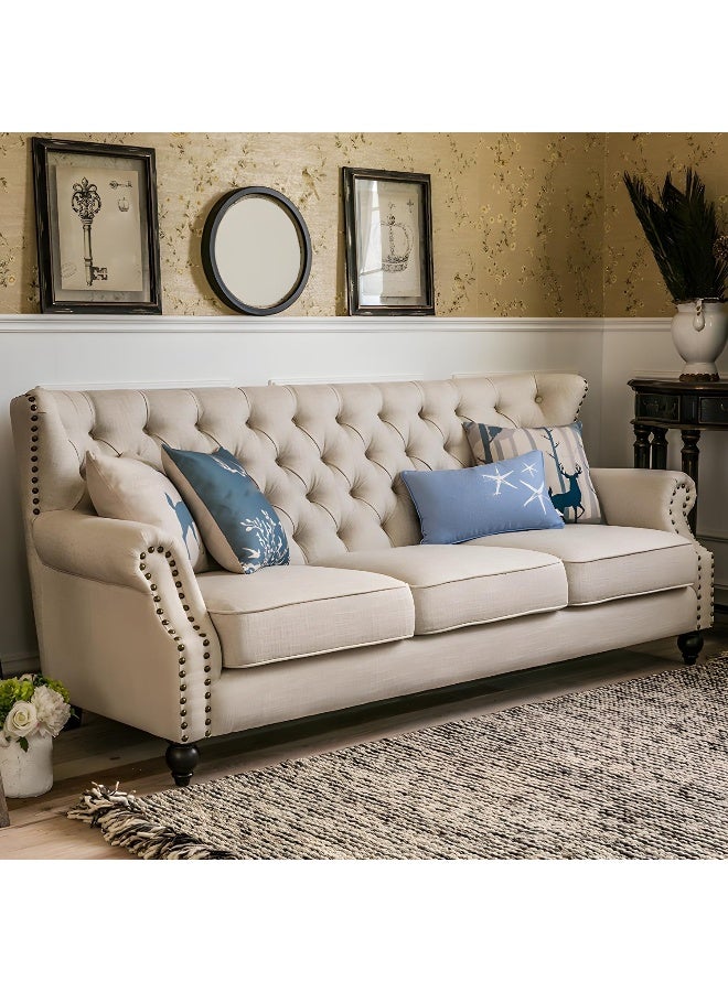 Comfynest أريكة مريحة من القطن والكتان بتصميم منتصف القرن تتسع لـ 3 أشخاص مع حواف مزخرفة 210X80X93 سم باللون الأبيض الفاتح - Image 3