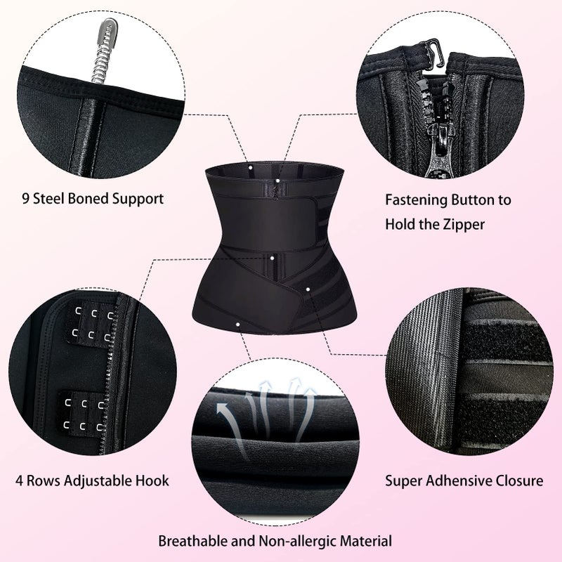 GainKee Waist Trainer for Women Zip Trimmer Belts Detachable Two Belts Corset Body Shaper with Zipper 9 Steel Bones - Image 2