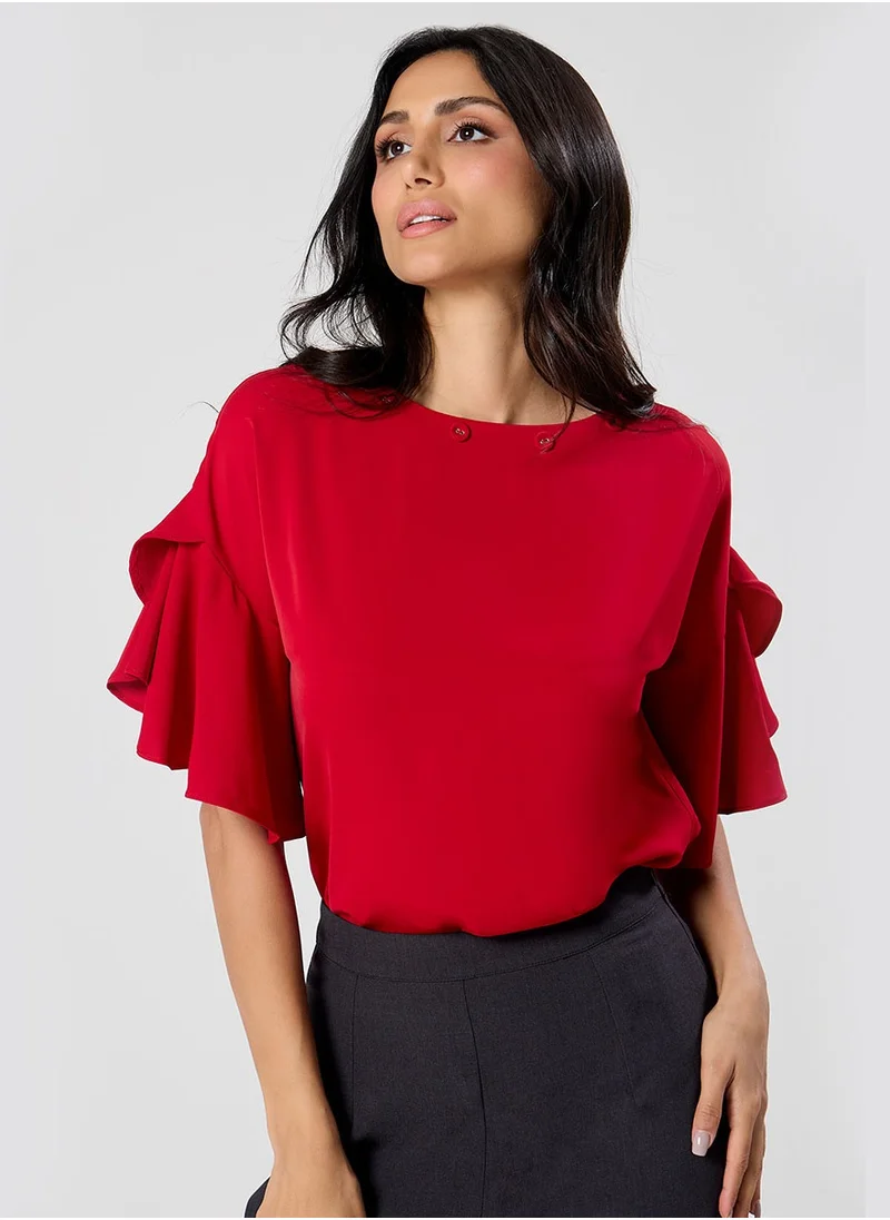 Zigzag Flared Sleeve Chiffon Top-Red