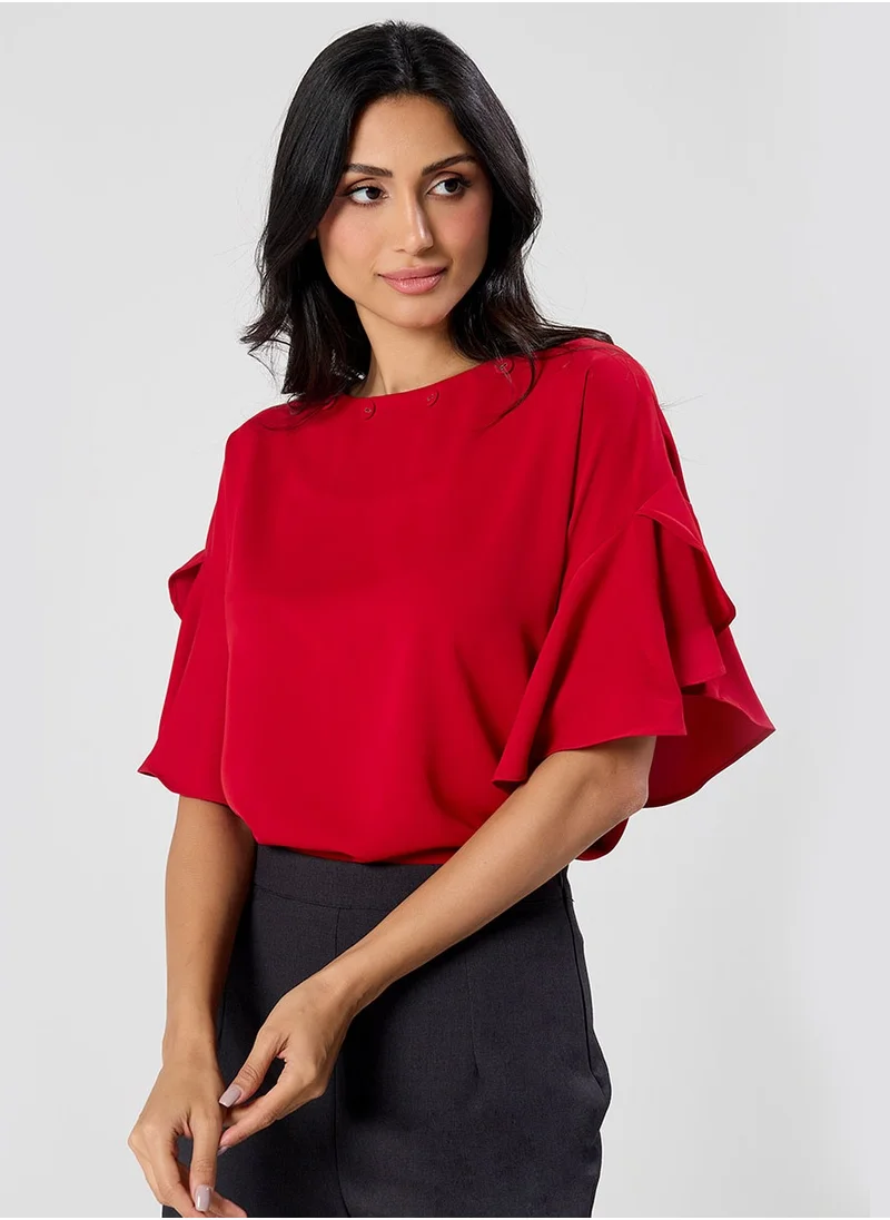 Zigzag Flared Sleeve Chiffon Top-Red