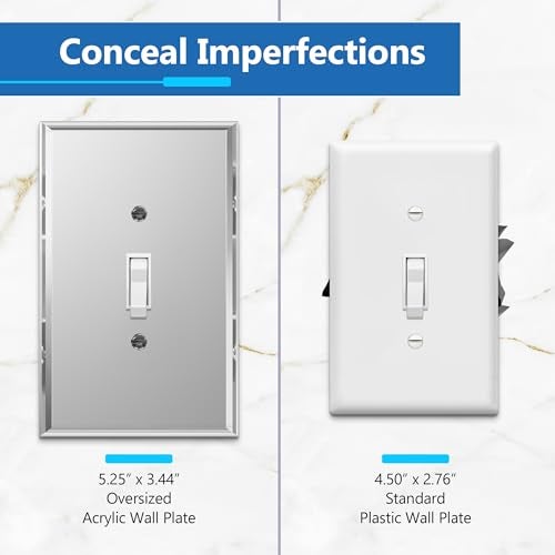 LIDER Reflective Toggle Switch Wall Plate Mirrored Light Switch Cover Plexiglass Cover Plate Oversized 1Gang 525 x 344 LWP11OASV5P Acrylic Mirror Glass Silver 5Pack - Image 3