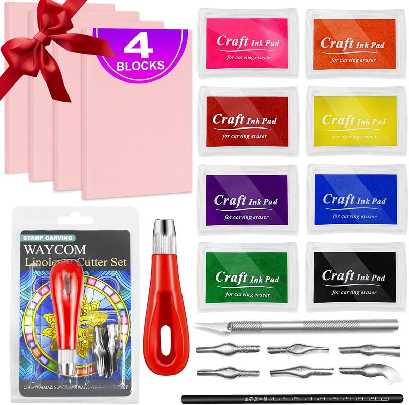 WAYCOM 18 Pcs Rubber Stamp Making Kit, Linoleum Cutter Set, Craft Ink Pad, Hobby Knife, Pencil for DIY Stamp Carving Craft - Image 1