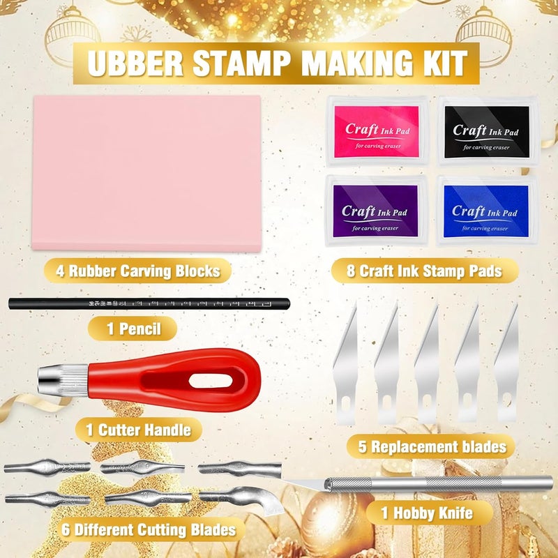 WAYCOM 18 Pcs Rubber Stamp Making Kit, Linoleum Cutter Set, Craft Ink Pad, Hobby Knife, Pencil for DIY Stamp Carving Craft - Image 3