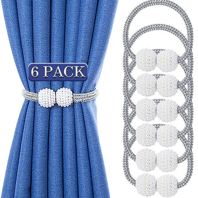 Magnetic Curtain Tiebacks 6 PackModern Pearl Curtain Drapes Clips Rope Holdbacks Curtain Holder BucklesWeave Rope Drape Tie Backs For Home Office Decorative Silver Grey