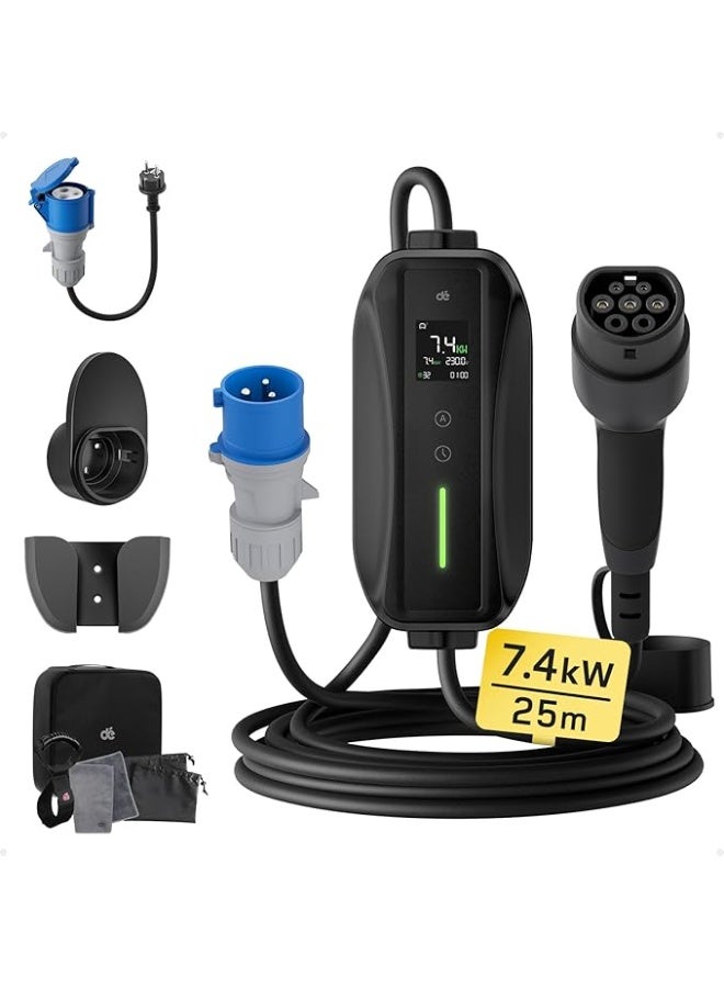 دي شاحن سيارات كهربائية P17 من دي، [7.4 كيلو واط، أحادي الطور، 25 متر، 6 أمبير/10 أمبير/16 أمبير/20 أمبير/24 أمبير/32 أمبير]، شاحن سيارات كهربائية بمقبس من النوع 2، قاعدة شحن متنقلة/ جدارية مع شاشة رقمية - Image 1