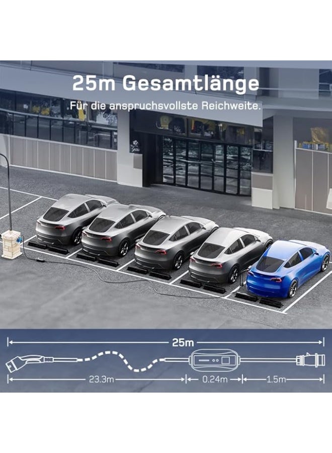 دي شاحن سيارات كهربائية P17 من دي، [7.4 كيلو واط، أحادي الطور، 25 متر، 6 أمبير/10 أمبير/16 أمبير/20 أمبير/24 أمبير/32 أمبير]، شاحن سيارات كهربائية بمقبس من النوع 2، قاعدة شحن متنقلة/ جدارية مع شاشة رقمية - Image 3