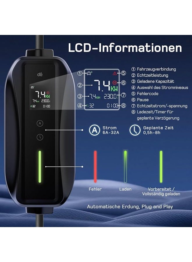 دي شاحن سيارات كهربائية P17 من دي، [7.4 كيلو واط، أحادي الطور، 25 متر، 6 أمبير/10 أمبير/16 أمبير/20 أمبير/24 أمبير/32 أمبير]، شاحن سيارات كهربائية بمقبس من النوع 2، قاعدة شحن متنقلة/ جدارية مع شاشة رقمية - Image 5
