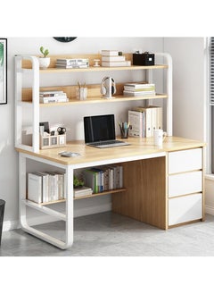 Alissa Home Office Desk With 3 Large Drawers And Open Shelves Computer Table Study Working Table Gaming Desk With Storage Shelves Heavy Duty Desk (140 * 50 * 148cm-Wood Color)  - Image 1