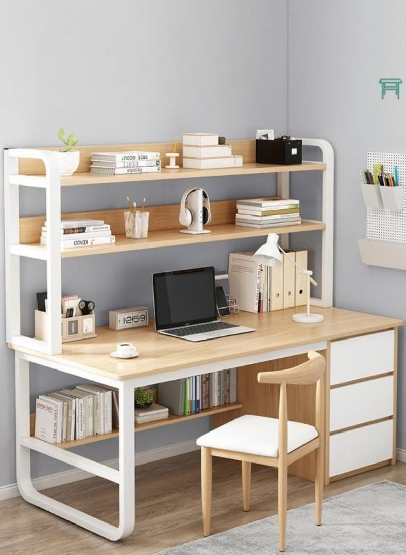 Alissa Home Office Desk With 3 Large Drawers And Open Shelves Computer Table Study Working Table Gaming Desk With Storage Shelves Heavy Duty Desk (140 * 50 * 148cm-Wood Color)  - Image 1