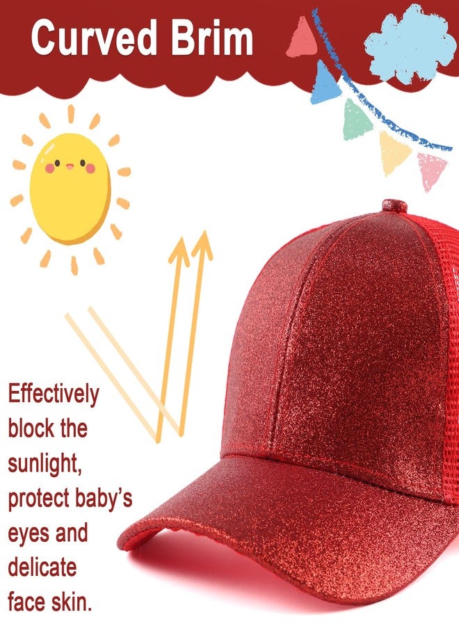 Zsedrut Girls Glitter Baseball Cap Kids Adjustable Ponytail Hat Toddler Summer Mesh Trucker Hats (Red) - Image 4