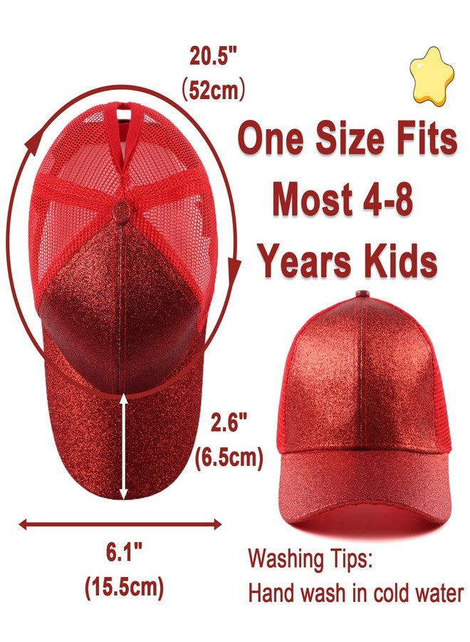 Zsedrut Girls Glitter Baseball Cap Kids Adjustable Ponytail Hat Toddler Summer Mesh Trucker Hats (Red) - Image 5
