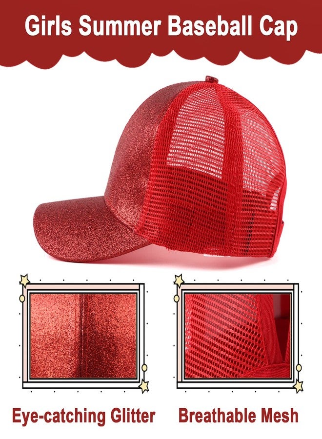 Zsedrut Girls Glitter Baseball Cap Kids Adjustable Ponytail Hat Toddler Summer Mesh Trucker Hats (Red) - Image 2