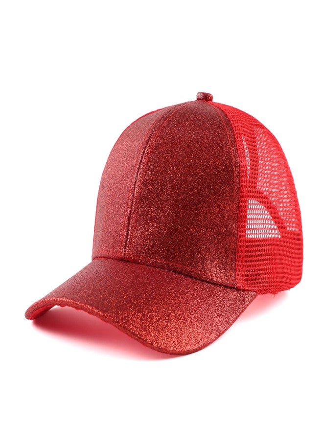 Zsedrut Girls Glitter Baseball Cap Kids Adjustable Ponytail Hat Toddler Summer Mesh Trucker Hats (Red) - Image 1