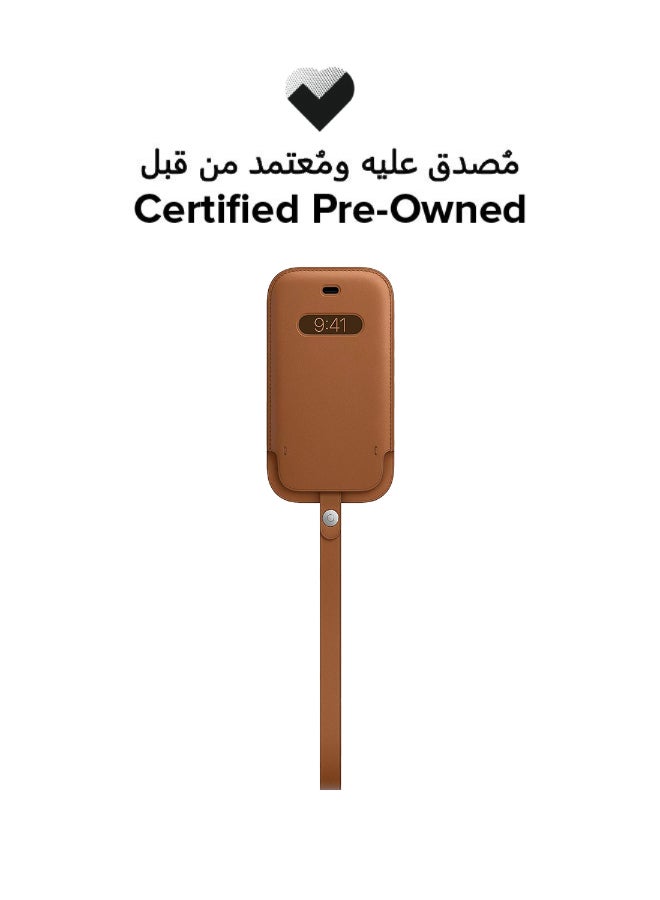 Apple Certified Pre Owned - Leather Sleeve Basic Case with MagSafe for iPhone 12 Mini - Saddle Brown - Image 1