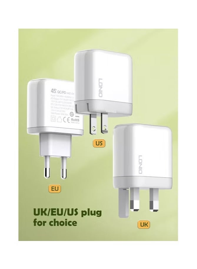 JAJEEK A2526C 45W Type-C USB Mobile Phone Wall Charger – Fast Charging for Smartphones, Tablets, and Laptops, Compact Design, Efficient Power Delivery, White - Image 3