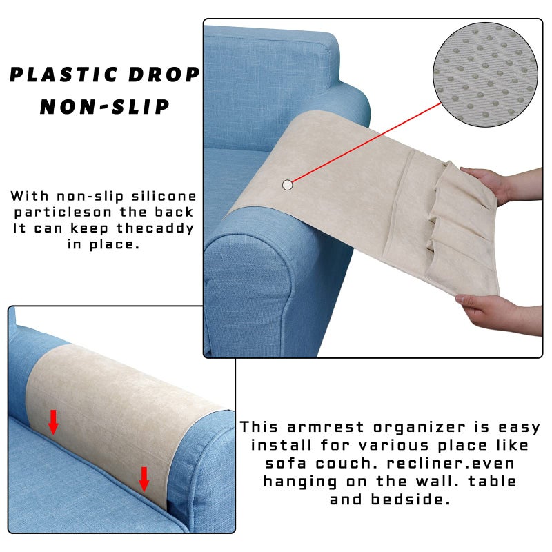 NB Sofa Armrest Organize remote holder bedside caddy organizer with 5 pockets，non-slip couch remote control holder couch armchair caddy accessories (Beige, 35"x12.4") - Image 5