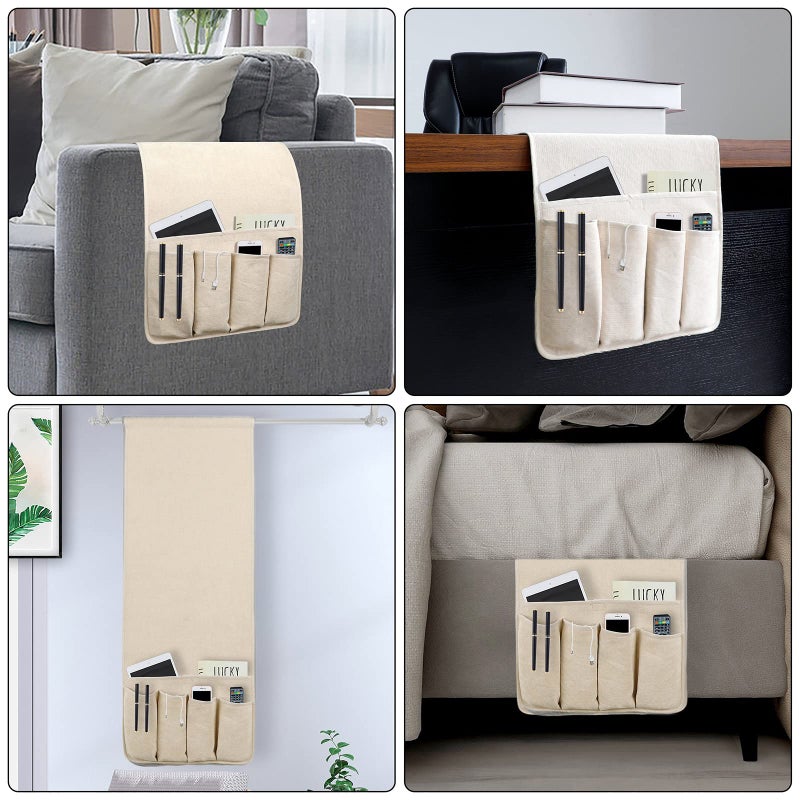 NB Sofa Armrest Organize remote holder bedside caddy organizer with 5 pockets，non-slip couch remote control holder couch armchair caddy accessories (Beige, 35"x12.4") - Image 4
