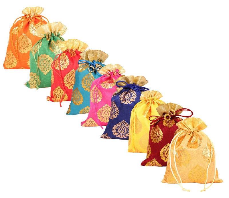 Touchstone Gorgeous Indian Traditional Paisley Motif Floral Drawstring Bags Pouches Potli For Gift Wedding Jewelry Packaging Bridal Party Favors Colors Set Of 9 For Women. 6x4 - Image 2