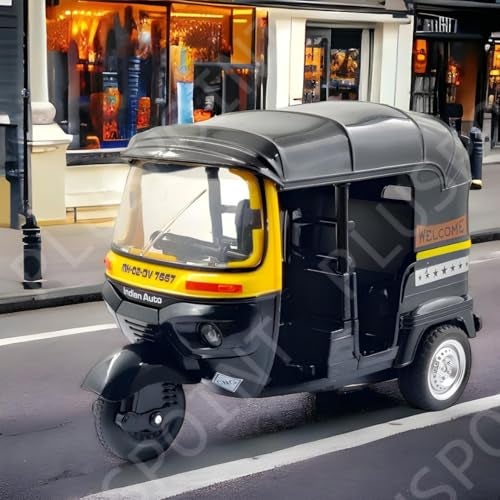 PLUSPOINT Auto Rickshaw Toy,with Pull Back Action City Traffic Vehicles Public Transport Toy with Light and Sound for Aged 3 4 5 6 Boys and Girls,Kids Party Favors Gifts (Auto Rickshaw) (Black) - Image 2