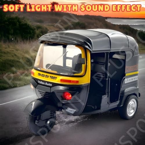 PLUSPOINT Auto Rickshaw Toy,with Pull Back Action City Traffic Vehicles Public Transport Toy with Light and Sound for Aged 3 4 5 6 Boys and Girls,Kids Party Favors Gifts (Auto Rickshaw) (Black) - Image 3