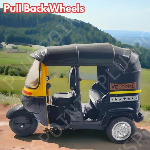 PLUSPOINT Auto Rickshaw Toy,with Pull Back Action City Traffic Vehicles Public Transport Toy with Light and Sound for Aged 3 4 5 6 Boys and Girls,Kids Party Favors Gifts (Auto Rickshaw) (Black) - Image 5