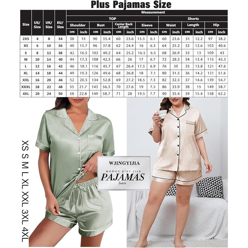 WJing Yi Jia 4Pcs Womens Satin Silky Pajama Sets Short Sleeve Shirt XS-4XL Floral Pajamas Set Soft PJ Loungewear Sleepwear - Image 2