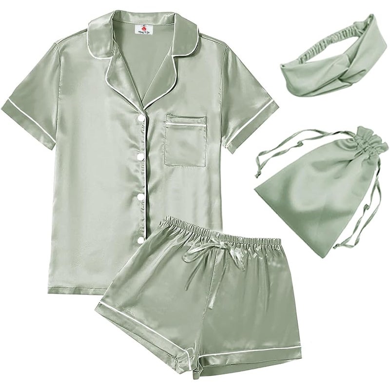 WJing Yi Jia 4Pcs Womens Satin Silky Pajama Sets Short Sleeve Shirt XS-4XL Floral Pajamas Set Soft PJ Loungewear Sleepwear - Image 1