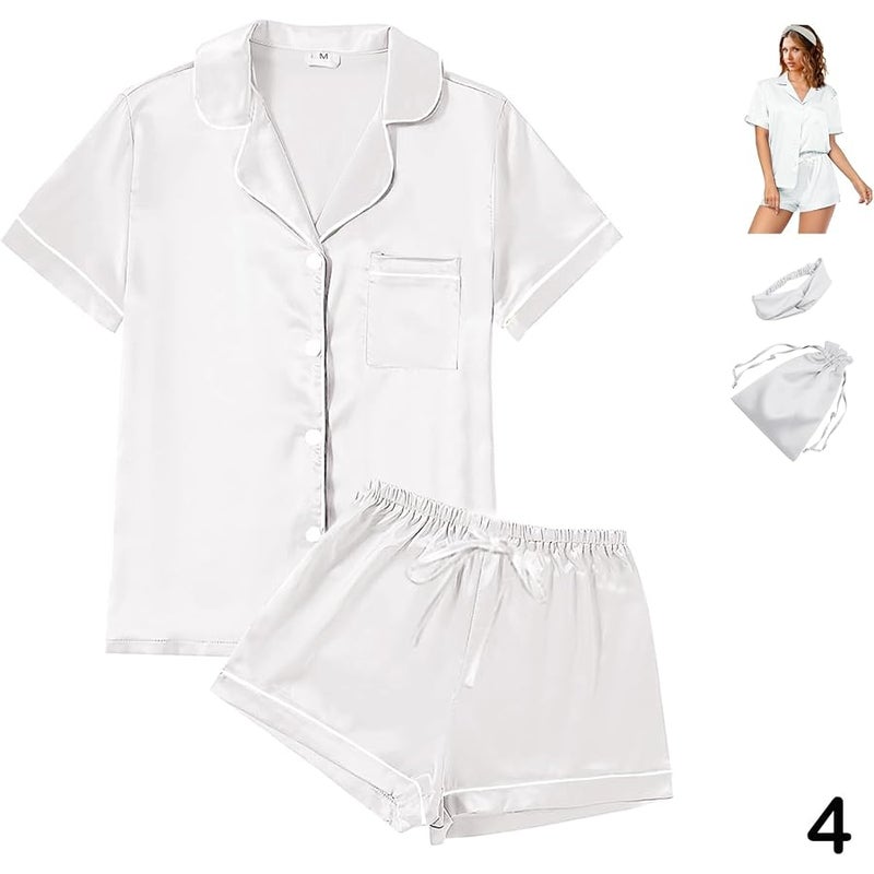 WJing Yi Jia 4Pcs Womens Satin Silky Pajama Sets Short Sleeve Shirt XS-4XL Floral Pajamas Set Soft PJ Loungewear Sleepwear - Image 3