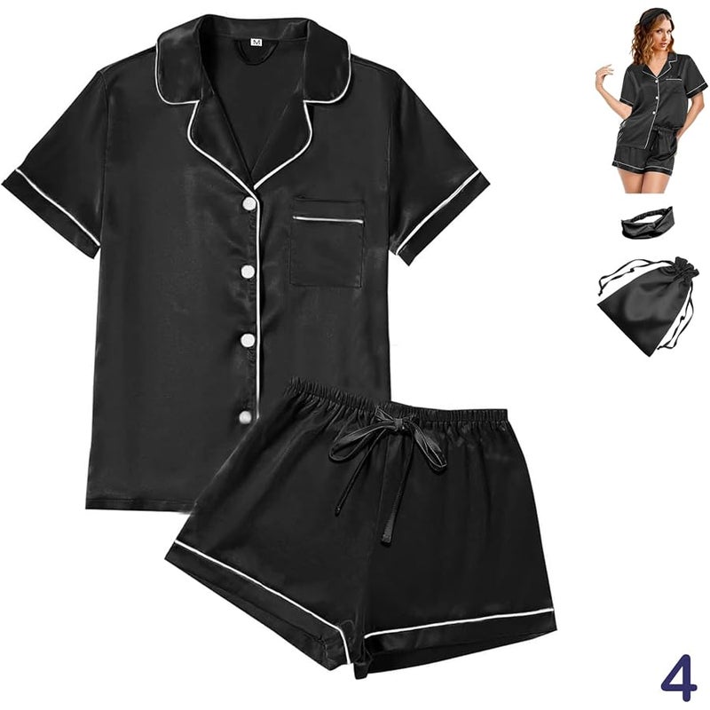 WJing Yi Jia 4Pcs Womens Satin Silky Pajama Sets Short Sleeve Shirt XS-4XL Floral Pajamas Set Soft PJ Loungewear Sleepwear - Image 4