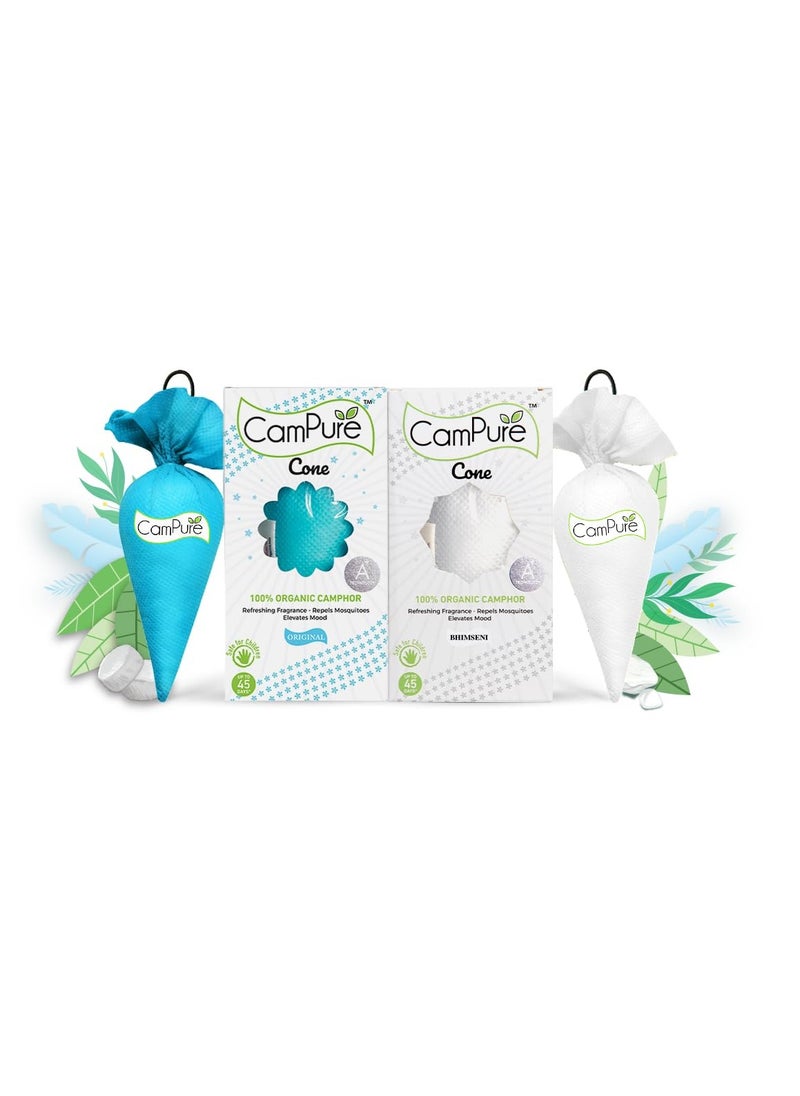Mangalam CamPure Camphor Cone (1 Original + 1 Bhimseni) Pack of 2-100% Organic | Air Freshener for Car, Wardrobe, Office Cabin's, Drawers, Travel Bag & Bathroom  - Image 1