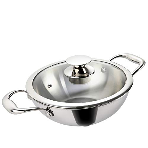 Alda Vitale Tri-Ply Stainless Steel Wok Pan Kadhai 20 Cm 1.7 LTR with Glass Lid - Image 1